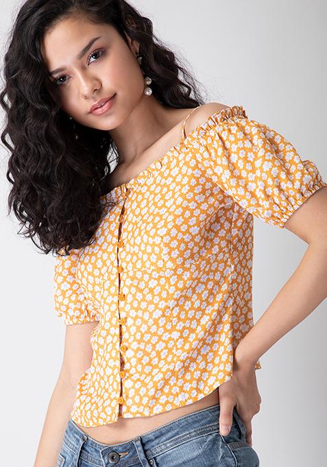 Yellow Floral Smocked Back Off Shoulder Top