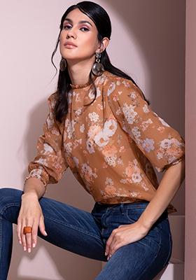 Rust Floral Smocked Sleeve Blouse 
