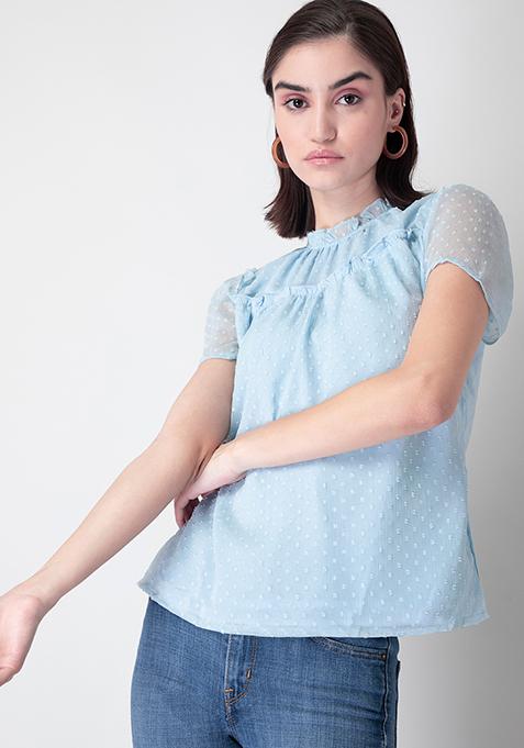 Powder Blue Gathered Yoke Blouse 