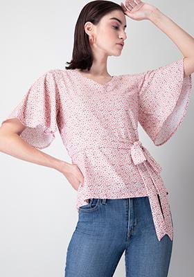 Pink Floral Flared Sleeve Belted Blouse