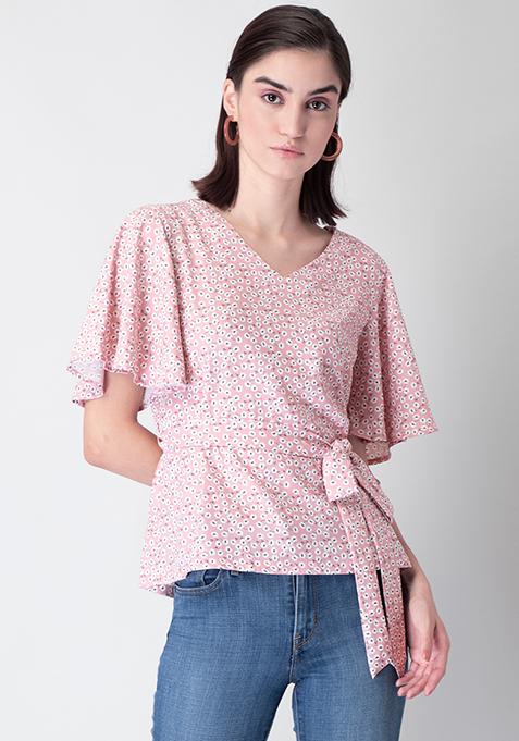 Buy Women Pink Floral Flared Sleeve Belted Blouse - Beach Wear Online ...