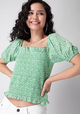 Green Ditsy Floral Smocked Blouse