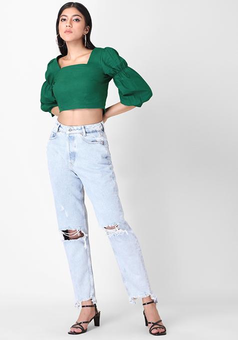 Buy Women Dark Green Back Tie Crop Top - Trends Online India - FabAlley