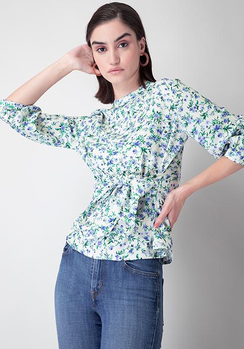 White Floral Waist Tie Blouse 