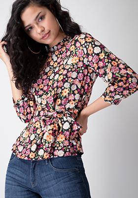 Multicolored Floral Front Tie Up Blouse