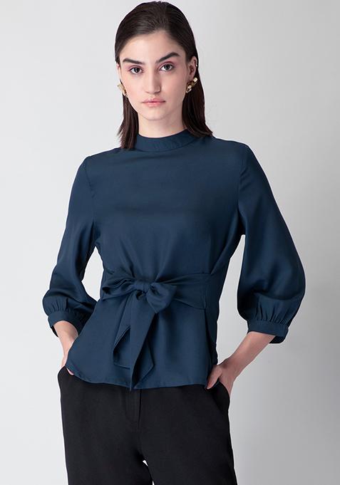 Buy Women Slate Blue Tie Up Blouse - Trends Online India - FabAlley