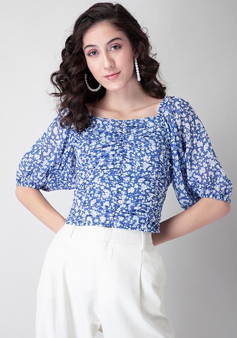 Blue Floral Smocked Back Crop Top  