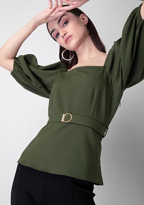 Olive Puff Sleeve Belted Top