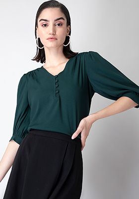 Buy Women Dark Green Front Button Blouse - Trends Online India - FabAlley