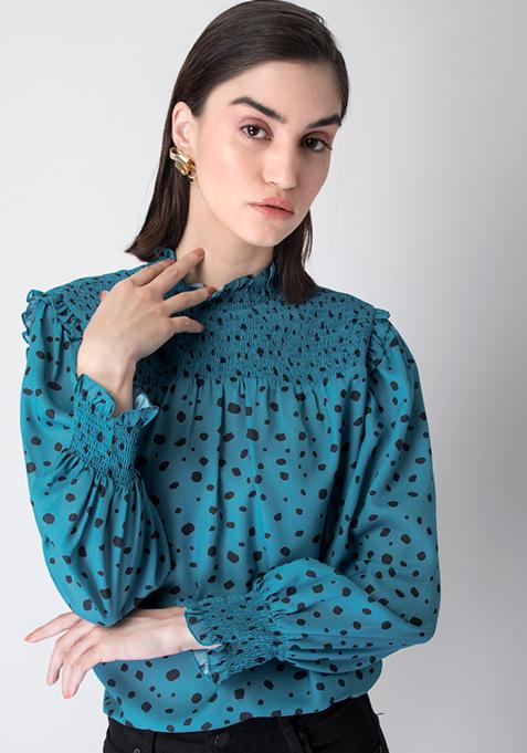 Teal Animal Print Ruffled High Neck Blouse 