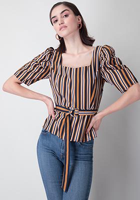 Mustard Striped Square Neck Belted Blouse