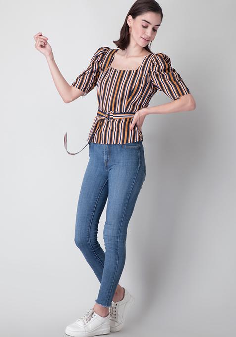 Buy Women Mustard Striped Square Neck Belted Blouse Trends Online India Faballey 