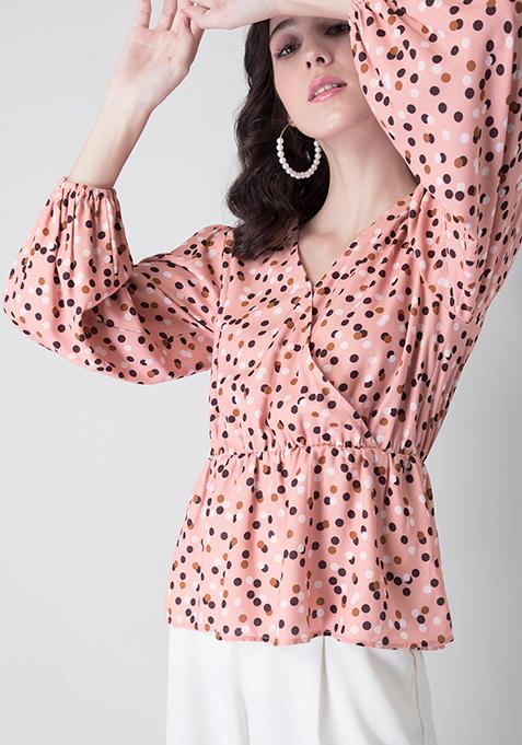 Peach Polka Puff Sleeve Wrap Peplum Top 