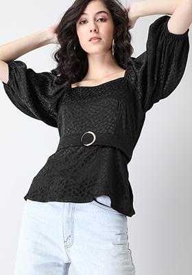 Black Puffed Sleeve Belted Textured Satin Blouse 