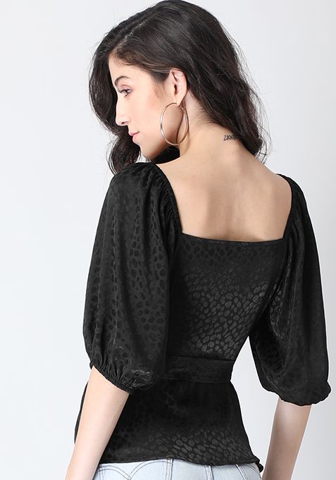 Buy Women Black Puffed Sleeve Belted Textured Satin Blouse - Trends 