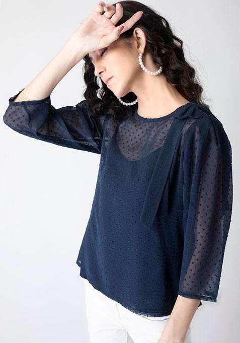 Navy Swiss Dot Neck Tie Blouse  