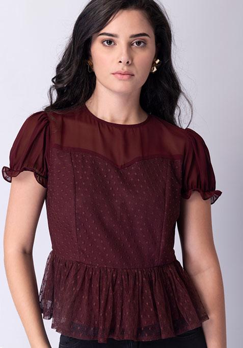 Wine Puff Sleeve Peplum Top