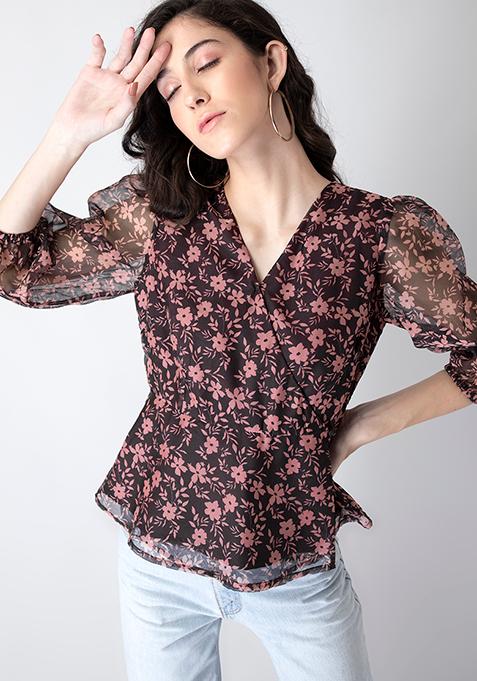 Wine Floral Wrap Organza Top