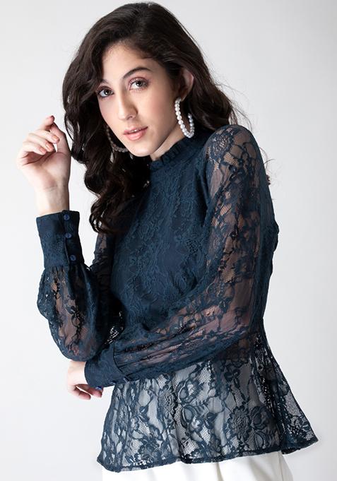 Navy Floral Lace High Neck Peplum Top 