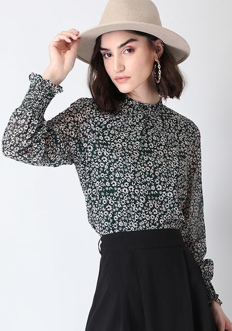 Green Floral Ruffled Choker Neck Blouse 