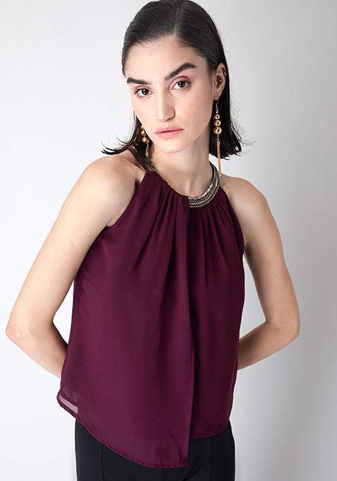 Wine Embellished Halter Asymmetric Top