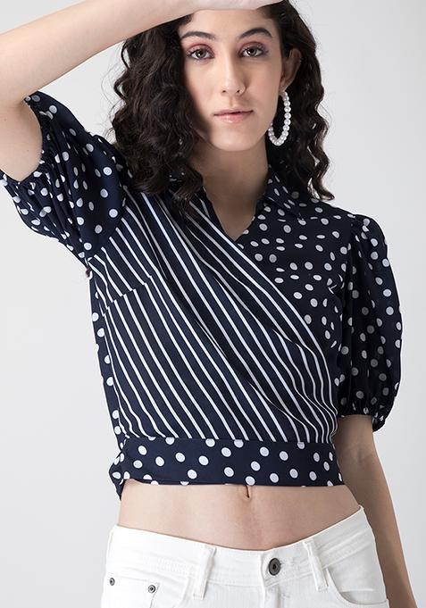 Navy Multi Printed Self Tie Crop Shirt 