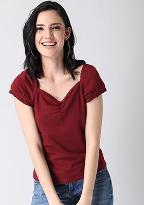 Maroon Ruched Sweetheart Neck Knit Top 