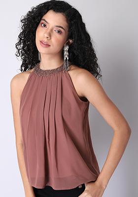 Rusty Rose Pleated Halter Neck Embellished Top