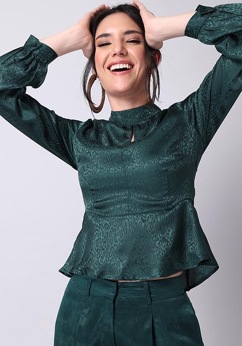 Green Satin Back Cut Out Peplum Top 