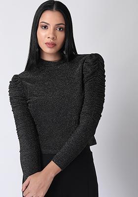 Black Self High Neck Ruched Sleeve Top 