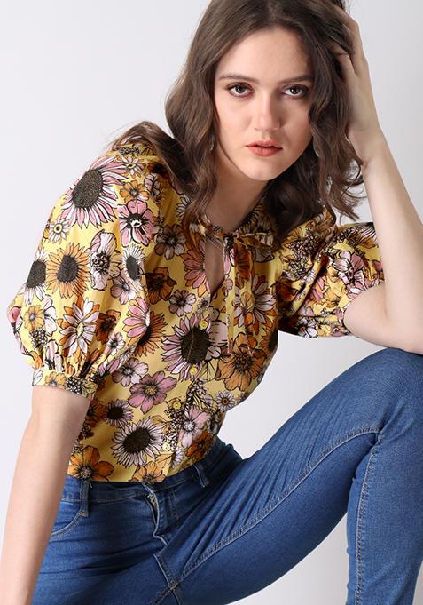 Yellow Floral Poplin Puff Sleeve Button Down Shirt 