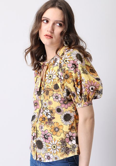 Buy Women Yellow Floral Poplin Puff Sleeve Button Down Shirt - Beach ...