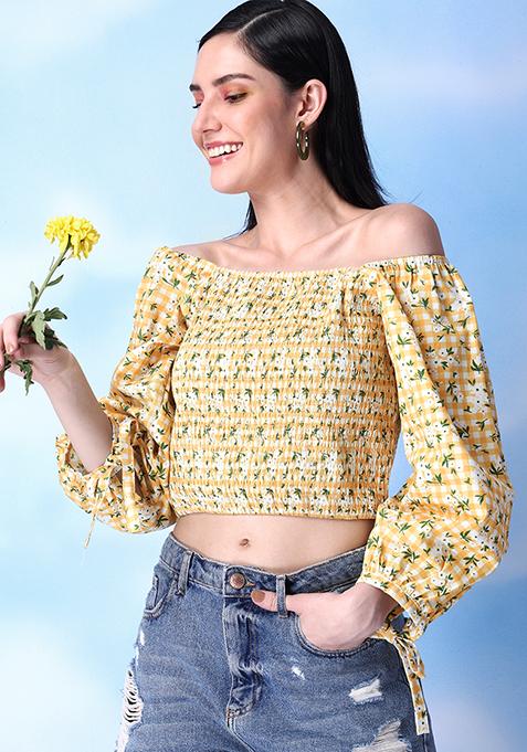 Yellow Floral Poplin Smocked Puff Sleeve Top 