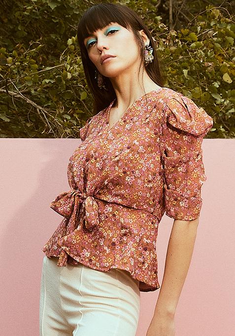 Rust Ditsy Floral Front Knot Top 