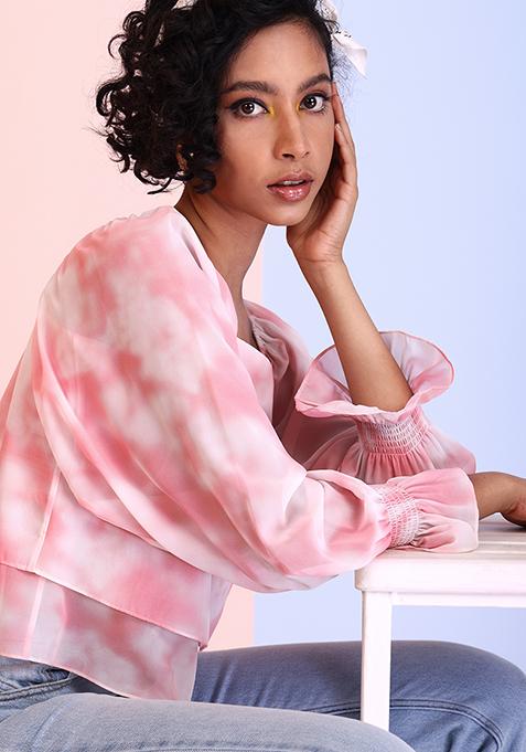 Pink Tie Dye Smocked Sleeve Layered Top