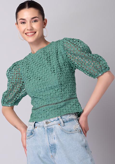 Dark Green Schiffli Trim Detail Crop Top 