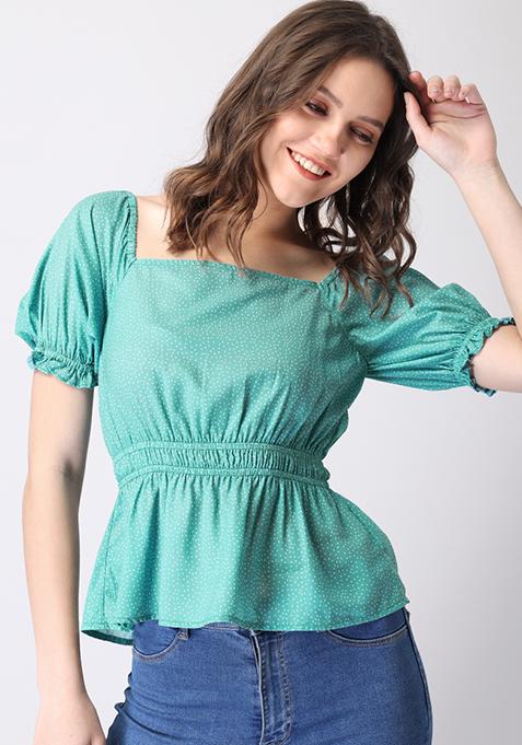 Green Polka Smocked Waist Puff Sleeve Peplum Top 