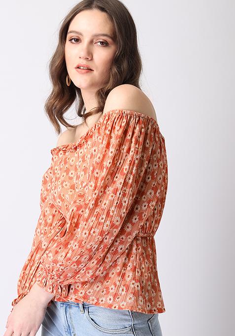 Orange Floral Frilled Puff Sleeve Smocked Peplum Top 