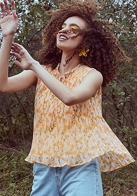 Yellow Floral Pleated Neck Tie Top 