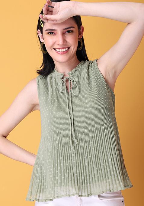 Sage Green Pleated Neck Tie Top 