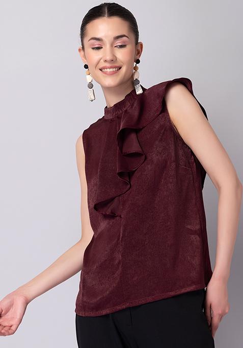 Wine Ruffled Neck Sleeveless Top