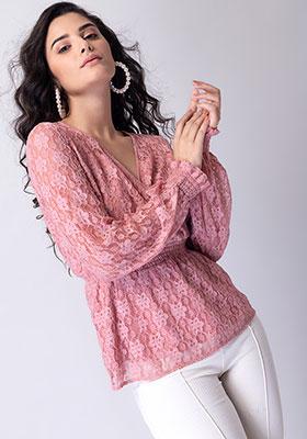 Dusty Pink Lace Smocked Waist Wrap Top