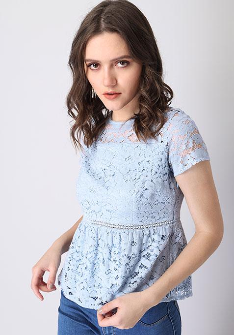 Powder Blue Lace Trim Detail Top 