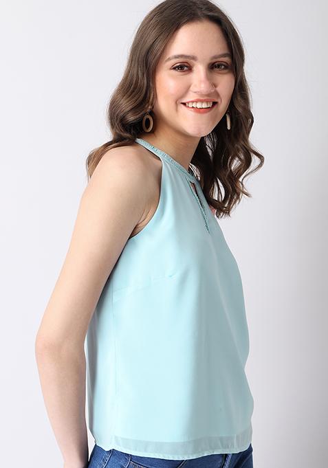 Buy Women Powder Blue Embellished Halter Neck Top Trends Online India