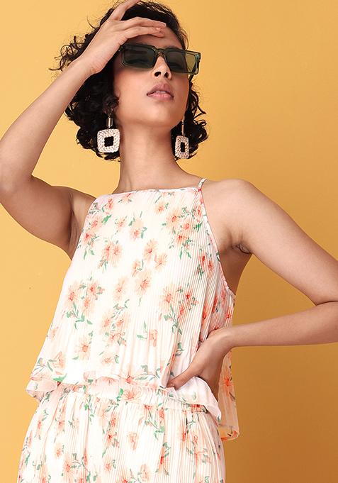 Peach Halter Floral Pleated Crop Top