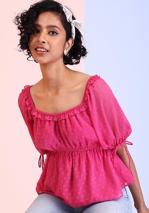 Hot Pink Frilled Tie Up Sleeve Peplum Top 