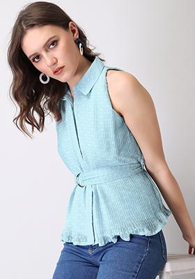 Blue Pleated Collared Top With Belt