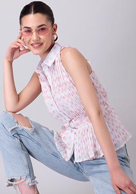 Pink Polka Pleated Belted Shirt Top 