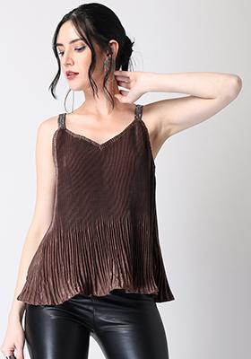 Rusty Rose Satin Pleated Strappy Embellished Top