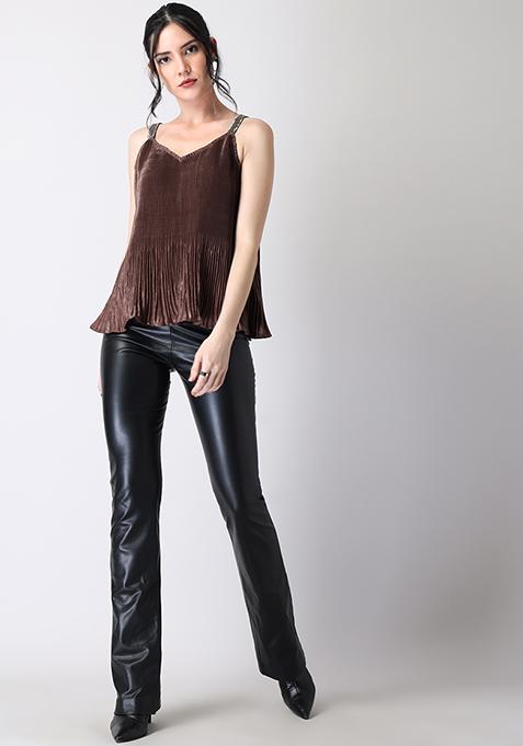 Buy Women Rusty Rose Satin Pleated Strappy Embellished Top - Tank Tops Online India - FabAlley